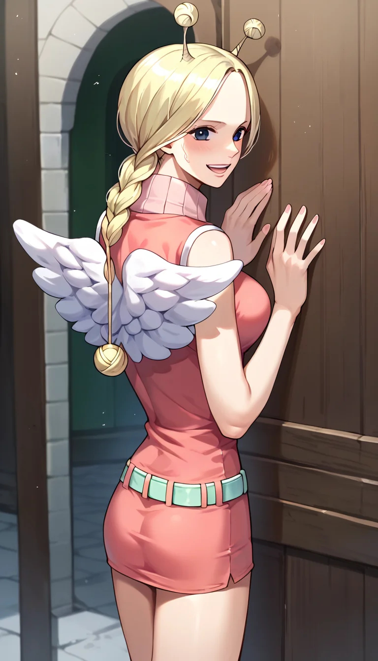 score_9, score_8_up, score_7_up, score_6_up, score_5_up, score_4_up, 1girl, conis, wings, blonde hair, antenna hair, twin braids, black eyes, pink dress, turtleneck, green belt, from behind, <lora:Conis_v2:1>