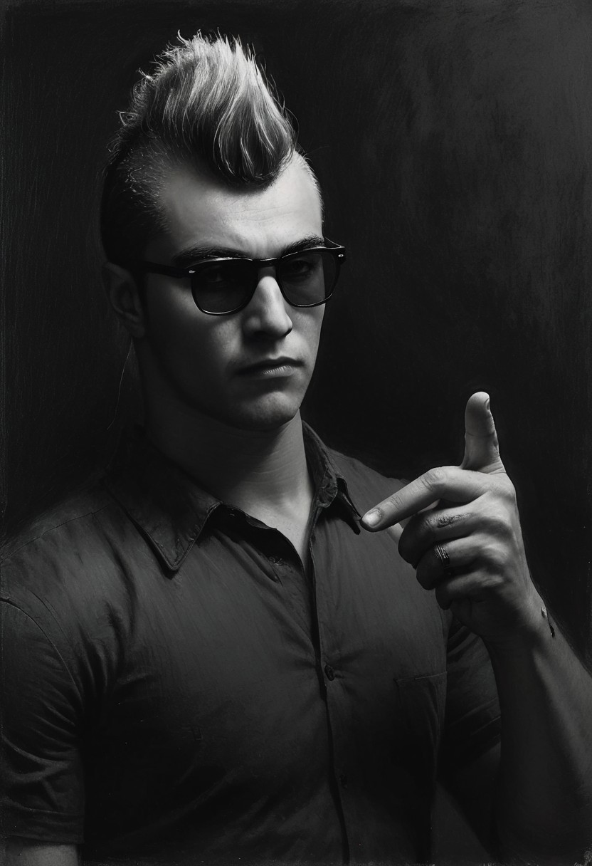 civitametapunkSDXL, 1boy, ash mohawk hair, black suit, dark glasses, pointing with a finger,<lora:MattSchustyle3:0.1> MattSchu,  dark atmosphere <lora:Rafael_DeSoto:1.2> 1960s, Rafael DeSoto style, black and white photo, dramatic photo, low key light, Rembrandt Lighting style, Rembrandt shadow style, Black and white art, black pencil shading, charcoal drawing, toned paper, pencil drawing, brutal dark b/w color scheme