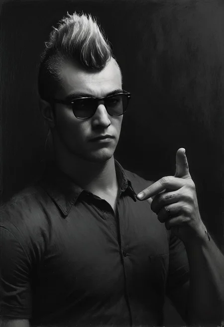 civitametapunkSDXL, 1boy, ash mohawk hair, black suit, dark glasses, pointing with a finger,<lora:MattSchustyle3:0.1> MattSchu, dark atmosphere <lora:Rafael_DeSoto:1.2> 1960s, Rafael DeSoto style, black and white photo, dramatic photo, low key light, Rembrandt Lighting style, Rembrandt shadow style, Black and white art, black pencil shading, charcoal drawing, toned paper, pencil drawing, brutal dark b/w color scheme