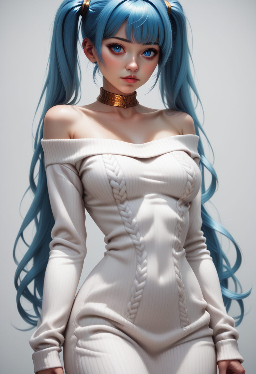 score_9, score_8_up, score_7_up, 1girl, solo, sexy sweater dress, white dress, long sleeves, bare shoulders, scoop neck, gold choker, <lora:Dark_Somi_Pony_v0.1:0.5> d4rks0m1, long blue hair, twintails, blue eyes,
