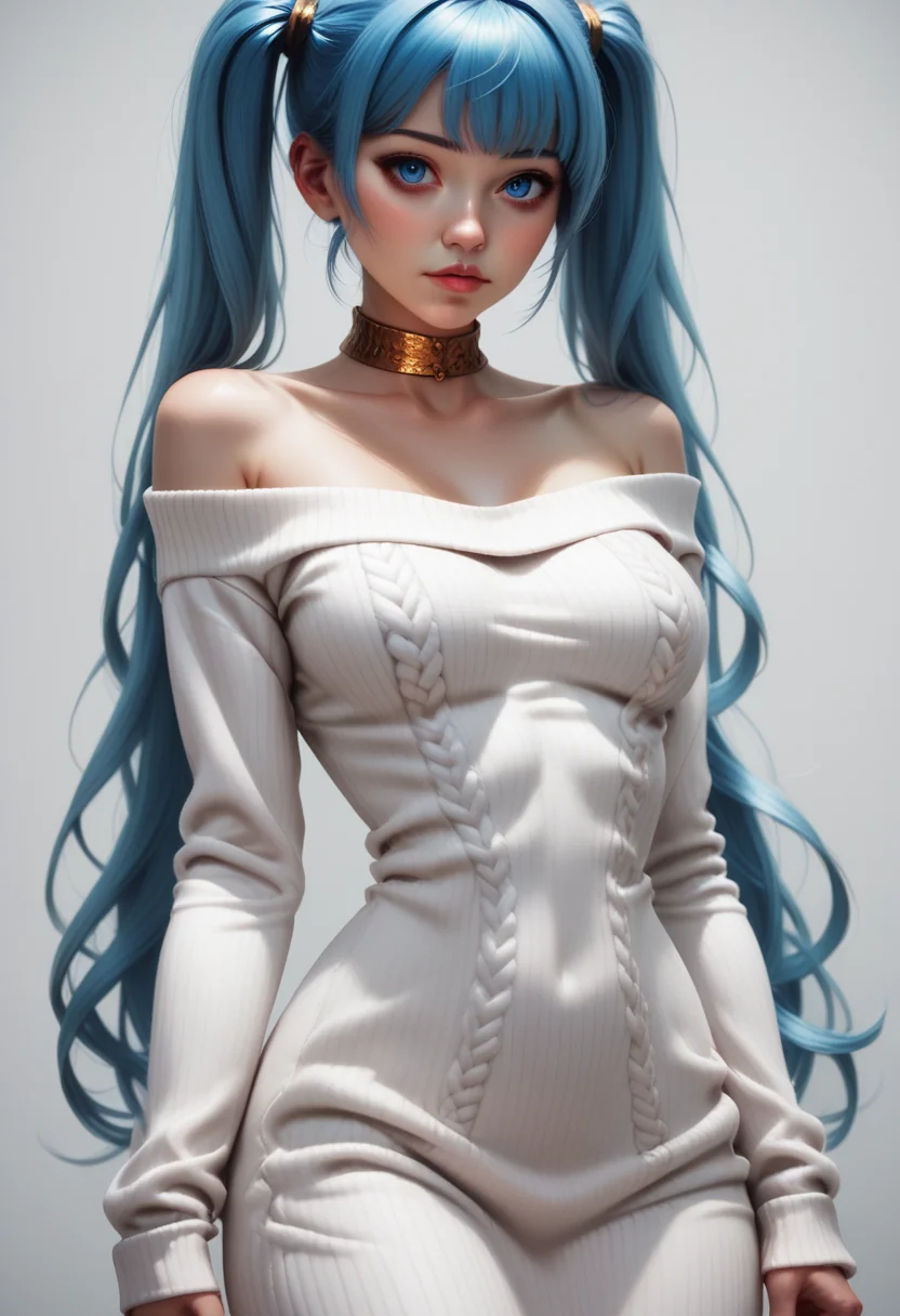 score_9, score_8_up, score_7_up, 1girl, solo, sexy sweater dress, white dress, long sleeves, bare shoulders, scoop neck, gold choker, <lora:Dark_Somi_Pony_v0.1:0.5> d4rks0m1, long blue hair, twintails, blue eyes,