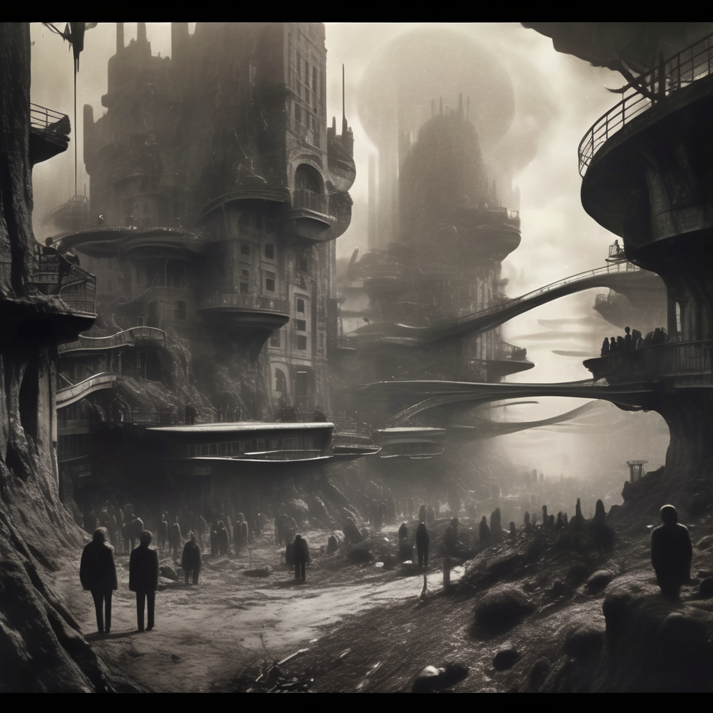 eldoria dark surreal alien city in forest, groups of people, dark atmosphere, very realistic detail, cinematic<lora:eldoria:1>
