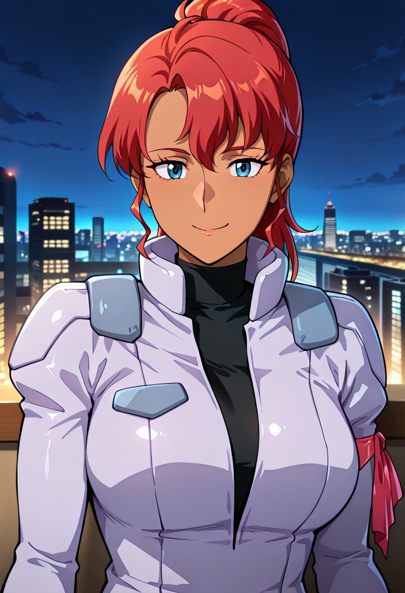 ((masterpiece, absurdres)), best quality, amazing quality, newest, 4k, anime coloring, very aesthetic, ray tracing, Smooth Quality, CG,city view,kate, 1 mature female, red hair, pony hairstyle, dark blue eyes, pilotsuit, gloves, turtleneck t-shirt, arm ribbon,brown skin,,upper body, smile
