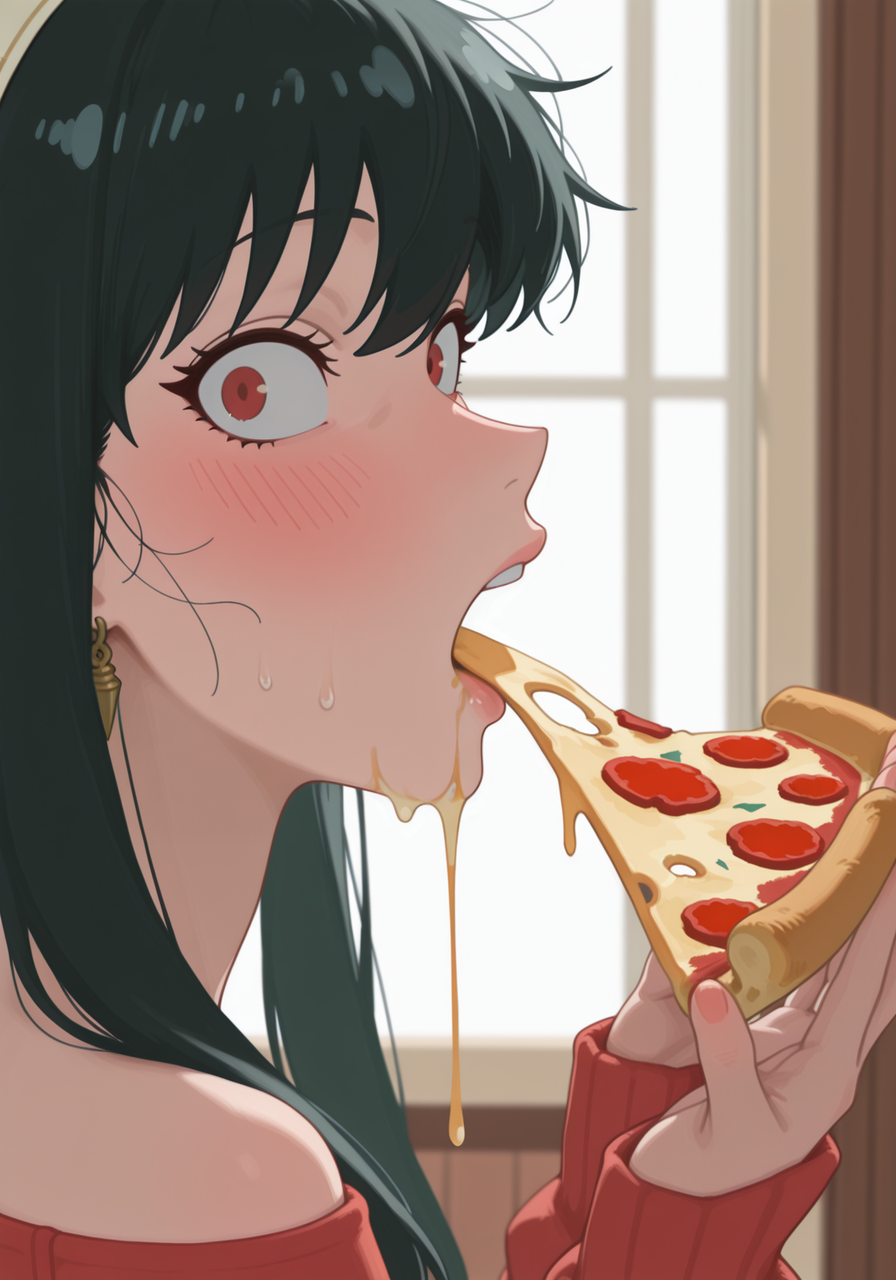 embedding:IllusP0s, g00se, ((surprised)) side view, eating pizza, (((cheesy face))), ((messy face)) looking at viewer, yor_briar_\(spy x family\), 1girl, solo<lora:g00se_v2_ill.safetensors:1.0:1.0>