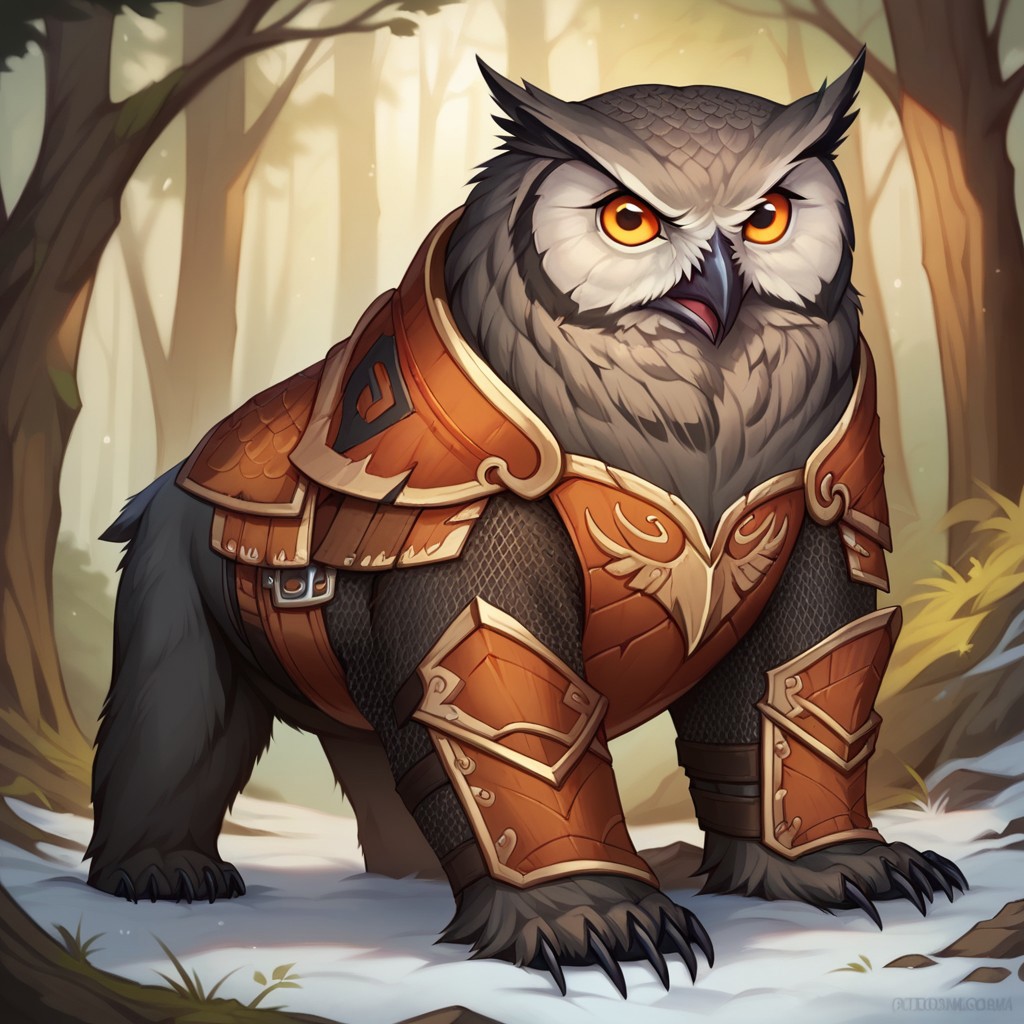 (((detailed, beautiful, high quality))), score_9, score_8_up, score_7_up, solo, full body,
owlbear, feral, owl's head, bear's body,
1 male, grey fur, orange eyes, feral armor,
looking at the viewer, posing,
fantasy background, blurred background, snow forest,