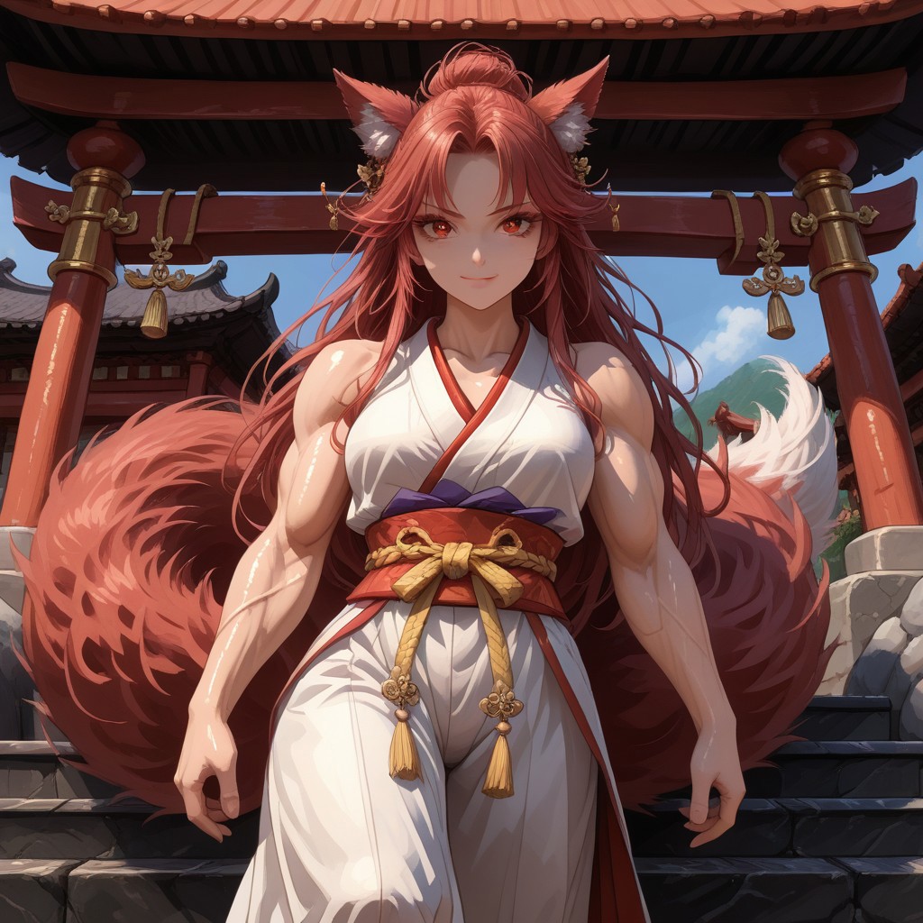 score_9, score_8_up,solo,(fox girl),dark red fur,standing proudly,cute eyes,beautiful face,shiny skin,narrow waist,((slender figure:1.3)),(huge fluffy ears:1.4,pointy),(big fluffy tail,detailed tail),jewelry,elegant adornments,((sleeveless miko clothes)),loose top,(short hakama),hip window,(abs,muscular,muscular arms),marked veins,meditation,muscular legs,inviting expression,smile,((girl focus)),(hand on upper frame),proud expression,dumb smile,closed mouth,cat mouth,(dark red eyelashes,long eyelashes),(close-up),(one leg up),(fighting stance),((imopsing figure)),
outdoors scenery,eastern medieval shrine,(,view from front)