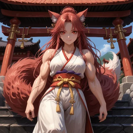 score_9, score_8_up,solo,(fox girl),dark red fur,standing proudly,cute eyes,beautiful face,shiny skin,narrow waist,((slender figure:1.3)),(huge fluffy ears:1.4,pointy),(big fluffy tail,detailed tail),jewelry,elegant adornments,((sleeveless miko clothes)),loose top,(short hakama),hip window,(abs,muscular,muscular arms),marked veins,meditation,muscular legs,inviting expression,smile,((girl focus)),(hand on upper frame),proud expression,dumb smile,closed mouth,cat mouth,(dark red eyelashes,long eyelashes),(close-up),(one leg up),(fighting stance),((imopsing figure)),
outdoors scenery,eastern medieval shrine,(,view from front)