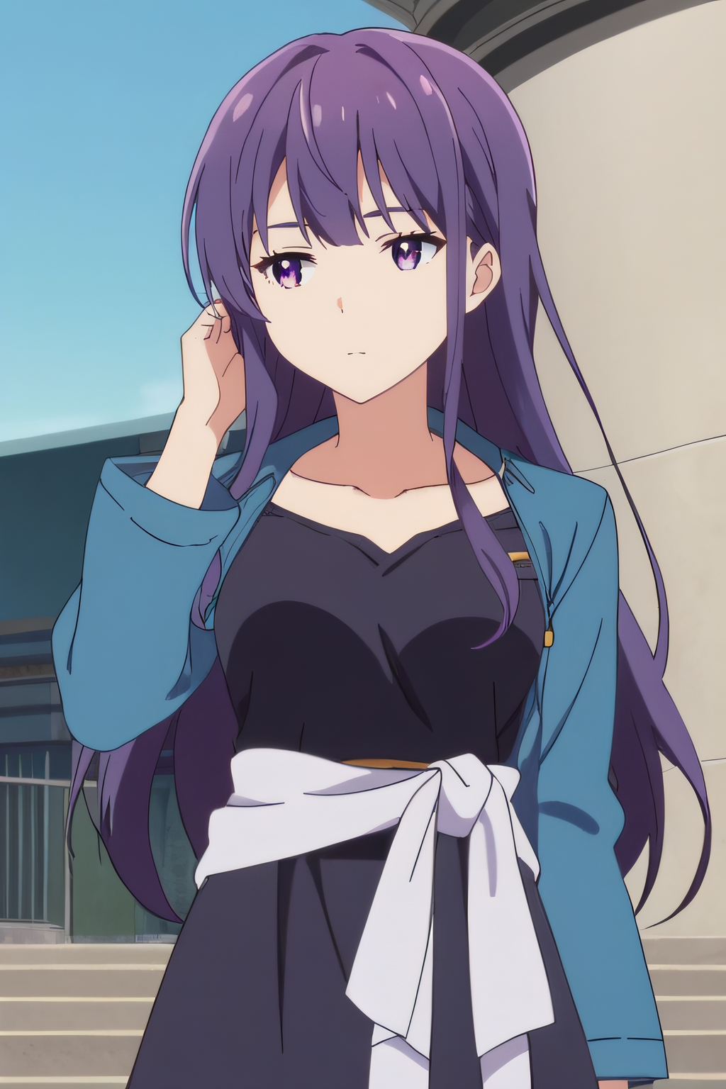 score_9, score_8_up, score_7_up, source_anime, rating_safe, intricate details, anime screencap, official style, 1girl, <lora:Shibasaki_Kazuha:1>, kazuha, long hair purple hair, purple eyes, collarbone, black dress, blue jacket, long sleeves, white knot, white knot around waist, cowboy shot, looking away, outdoor, expressionless, hand on hair