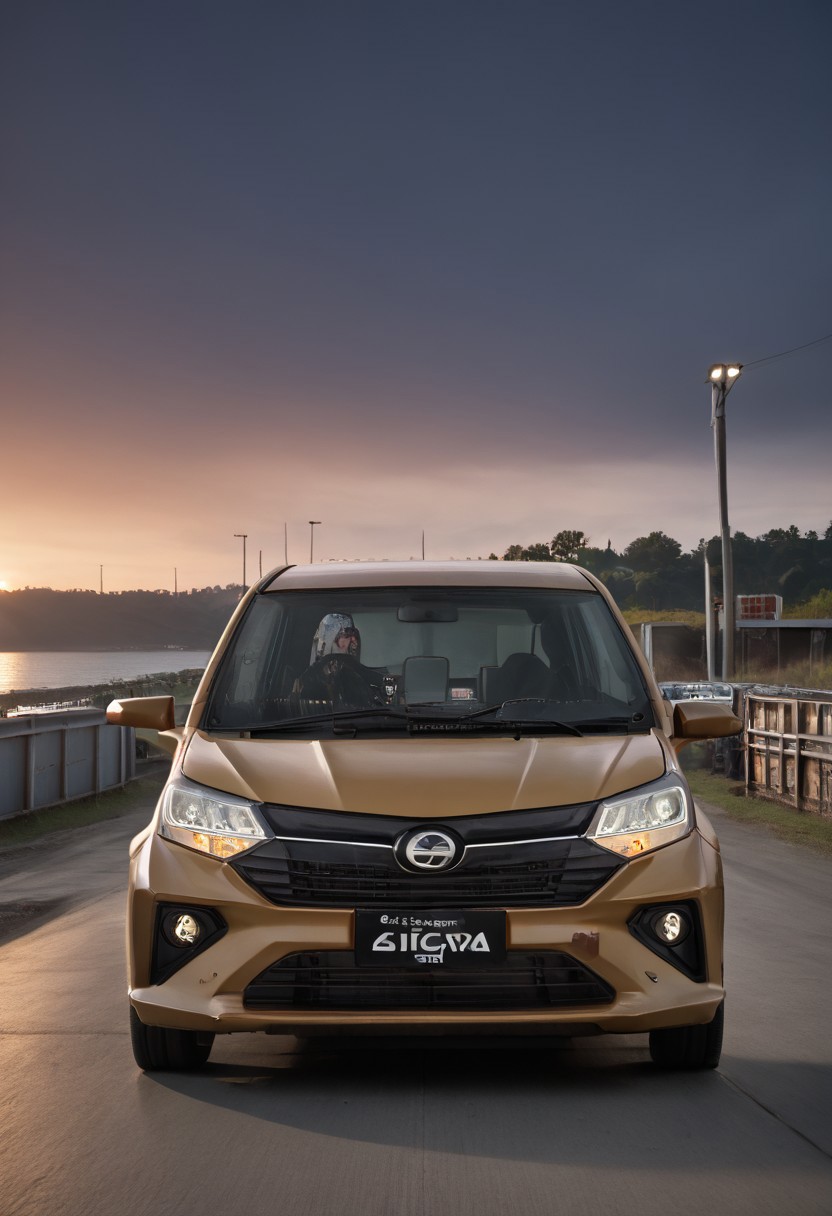 high resolution, best quality, Car, Daihatsu Sigra, Industrial dockyard, cargo containers, dusk,