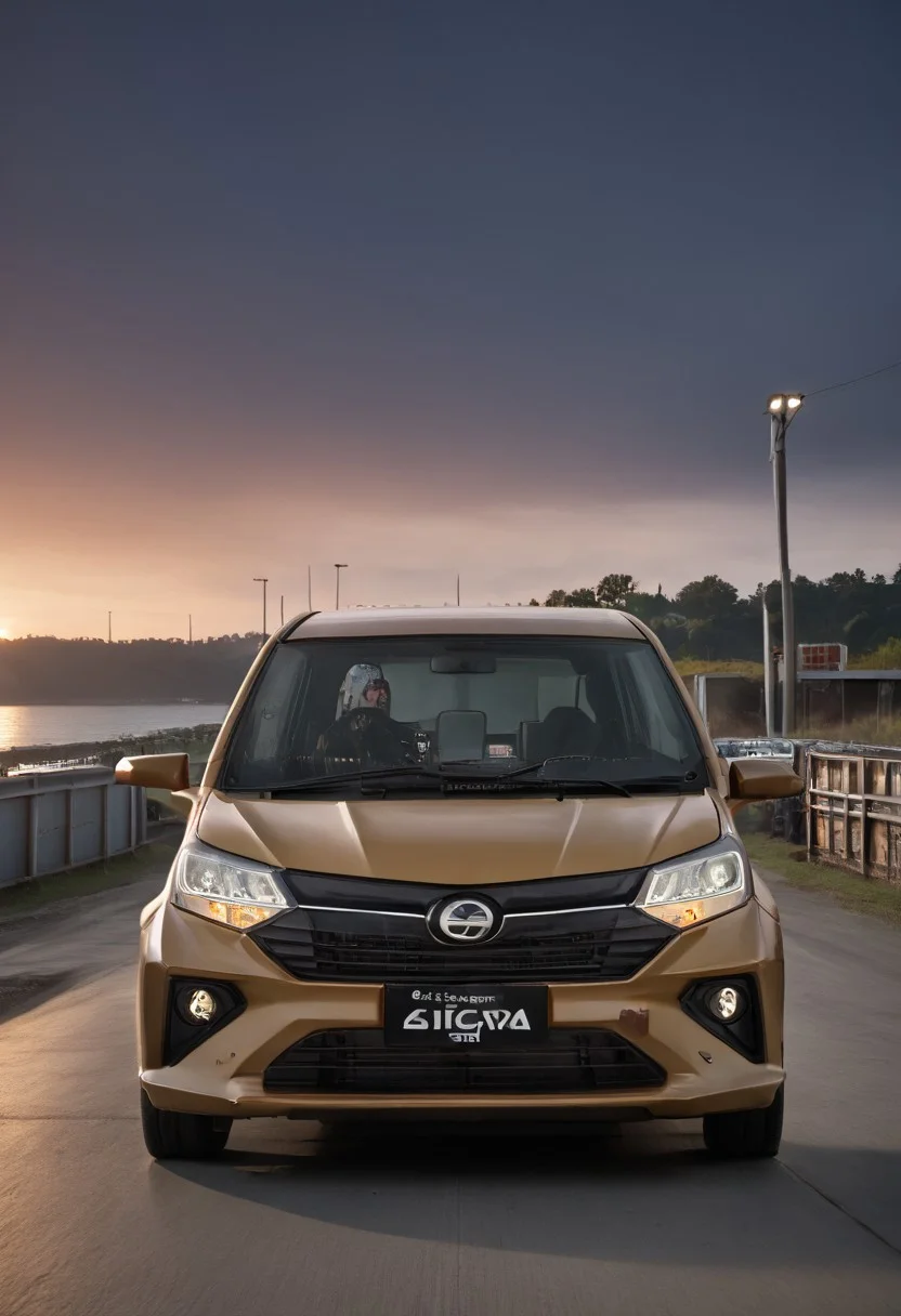 high resolution, best quality, Car, Daihatsu Sigra, Industrial dockyard, cargo containers, dusk,