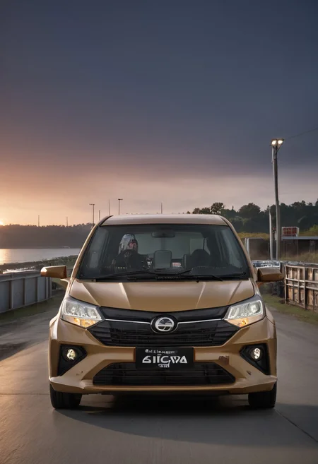 high resolution, best quality, Car, Daihatsu Sigra, Industrial dockyard, cargo containers, dusk,