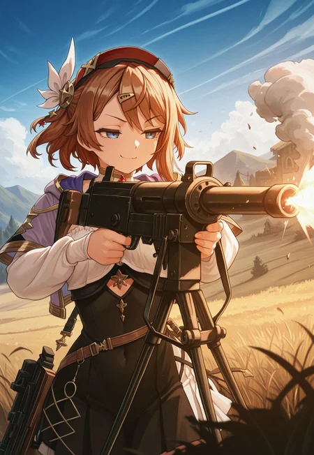 masterpiece, best quality, very aesthetic, absurdres,1girl, resna sternenlicht, atelier \(series\), smug smile, light smile, aiming a vkrsmmg medium machine gun weapon, outdoor, open field, muzzle flash, smoke, ammo castings, 