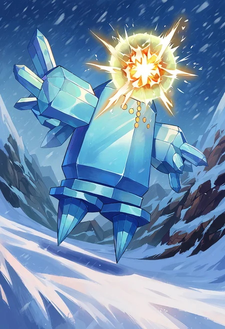 score_9,score_8_up,score_7_up,source_anime,zPDXL3,outdoors,snow,ice,snowing,sky,blue theme,
*//*,<lora:Poke_Regice-Pony:1>,reg_ice,solo,no humans,pokemon (creature),yellow eyes,ice,crystal,full body,
*//*,cowboy shot,dutch angle,dynamic pose,energy,energy ball,