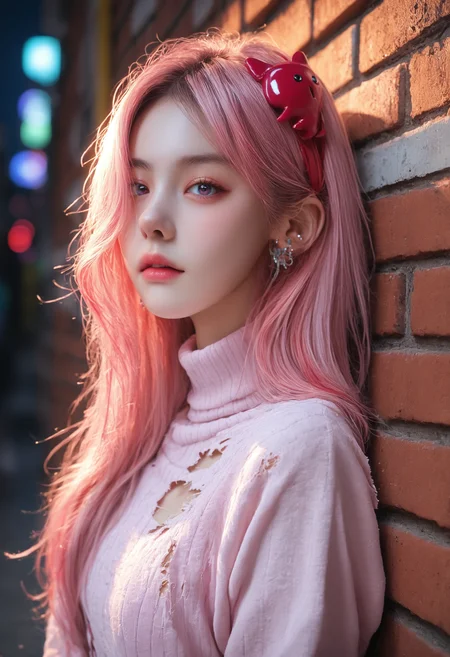 score_9, score_8_up, score_7_up, detailed, 1girl, solo, intricate details, chromatic aberration, realistic, long hair, pink hair, red head ornament, pink highlights, hair over one eye, earrings, sharp eyes, choker, neon shirt, torn legwear, open jacket, turtleneck sweater, night,against wall, brick wall, graffiti, dim lighting, alley, looking at viewer,
<lora:Chinese_Doll_Likeliness:1>