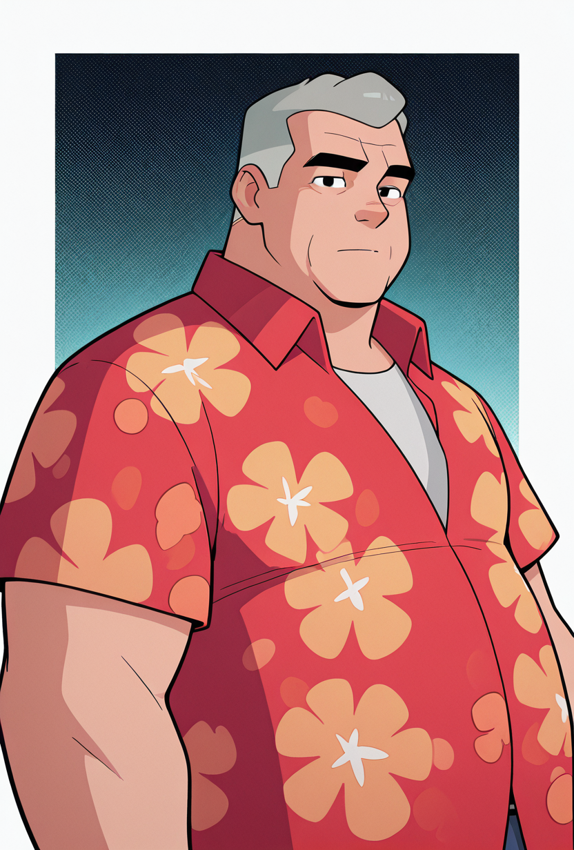 <lora:max-05:1> max, collared red shirt, grey hair, 1boy, short hair, short sleeves, hawaiian shirt, floral print, chubby, masterpiece, best quality, amazing quality, very aesthetic, absurdres, newest,, upper body, halftone effect, white borders, abstract background:1.2,