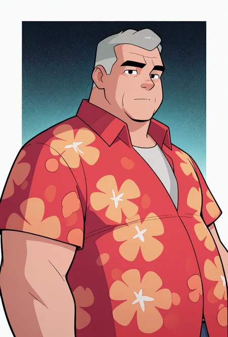<lora:max-05:1> max, collared red shirt, grey hair, 1boy, short hair, short sleeves, hawaiian shirt, floral print, chubby, masterpiece, best quality, amazing quality, very aesthetic, absurdres, newest,, upper body, halftone effect, white borders, abstract background:1.2,