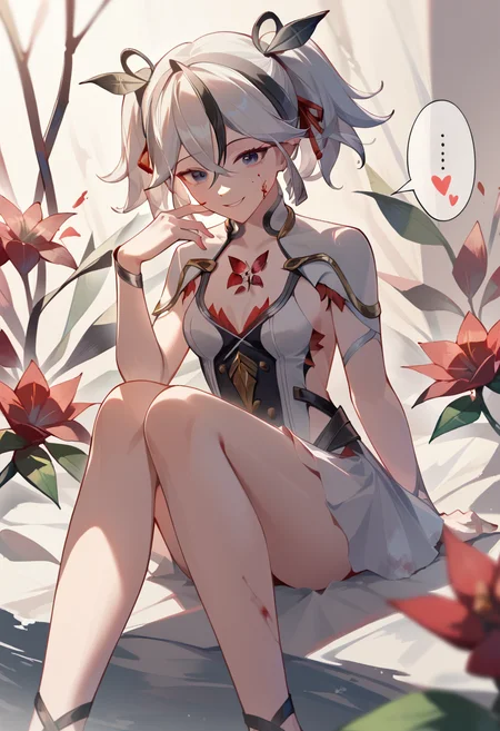 score_9,score_8_up,score_7_up,<lora:camellya_(wuthering_waves):1>,camellya_(wuthering_waves), solo, blood, small_breasts, sitting, dress, smile, hand_up, flower, knees_up, speech_bubble, 1girl, looking_at_viewer