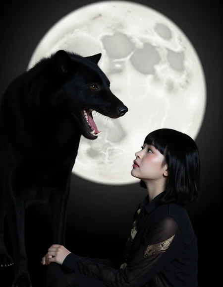 Dark Fantasy Art, film noir style **Visual Elements:**,1girl,HANNI/,solo,<lora:FLUX_HANNI:1.2>,(wolf:1.3),black,(snarling:1.4),The image is a photograph of a large and terrifying black wolf howling at the moon next to a young Asian woman with medium skin tone and small build,<lora:FLUX_HANNI:1.2>,She has a short bob haircut with straight dark brown hair framing her face,Her eyes are almond shaped and she has light brown eyebrows,Her lips are slightly parted with a natural pink hue,She is dressed in THE SKINS OF AN ANIMAL,The two of them howl facing each other with a gigantic full moon behind them,The overall style of the photograph is casual and spontaneous,capturing a moment of stillness and introspection,High-octane rendering,dramatic,volumetric,and highly detailed lighting,Antique,mechanical,gears,intricate and detailed.,<lora:screen_eyes:1>,<lora:Hand v2:1>,<lora:detailed_skin_portraits:0.3>, . monochrome, high contrast, dramatic shadows, 1940s style, mysterious, cinematic, dark, moody, dark fantasy style