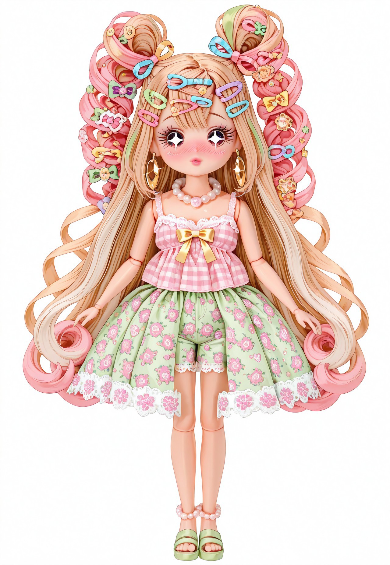(fullbody, front facing, facing viewer) moe, kawaii, cute, 1girl, doll, (doll face, cute round face), doll joints, ((Licca-chan : 1.2)), big sparkling eyes, blush, full face blush, makeup, long eyelashes, detailed lips, fashion, ((doll clothes)), pink plaid print camisole, green and white floral print lace shorts, lace trim, bows, hot pink bows, hair ribbons, hair ornaments, too many hair ornaments, hair flower, colourful hairclips, ((too many hairclips, decora kei hairclips : 1.2)), jewelry, gold heart shaped hoop earrings, pearl necklace, pearl anklets, seafoam green sandals, ((simple background, simple scenery)),