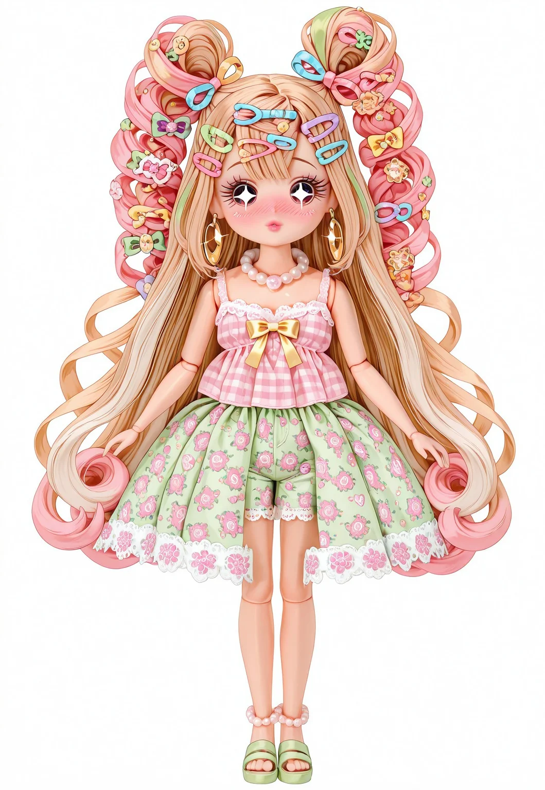 (fullbody, front facing, facing viewer) moe, kawaii, cute, 1girl, doll, (doll face, cute round face), doll joints, ((Licca-chan : 1.2)), big sparkling eyes, blush, full face blush, makeup, long eyelashes, detailed lips, fashion, ((doll clothes)), pink plaid print camisole, green and white floral print lace shorts, lace trim, bows, hot pink bows, hair ribbons, hair ornaments, too many hair ornaments, hair flower, colourful hairclips, ((too many hairclips, decora kei hairclips : 1.2)), jewelry, gold heart shaped hoop earrings, pearl necklace, pearl anklets, seafoam green sandals, ((simple background, simple scenery)),