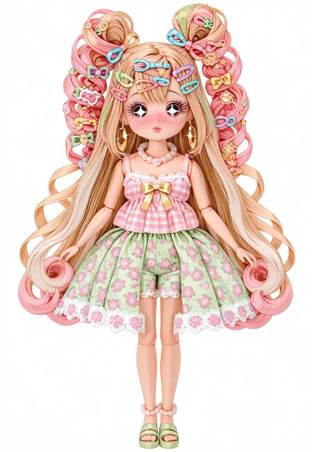 (fullbody, front facing, facing viewer) moe, kawaii, cute, 1girl, doll, (doll face, cute round face), doll joints, ((Licca-chan : 1.2)), big sparkling eyes, blush, full face blush, makeup, long eyelashes, detailed lips, fashion, ((doll clothes)), pink plaid print camisole, green and white floral print lace shorts, lace trim, bows, hot pink bows, hair ribbons, hair ornaments, too many hair ornaments, hair flower, colourful hairclips, ((too many hairclips, decora kei hairclips : 1.2)), jewelry, gold heart shaped hoop earrings, pearl necklace, pearl anklets, seafoam green sandals, ((simple background, simple scenery)),