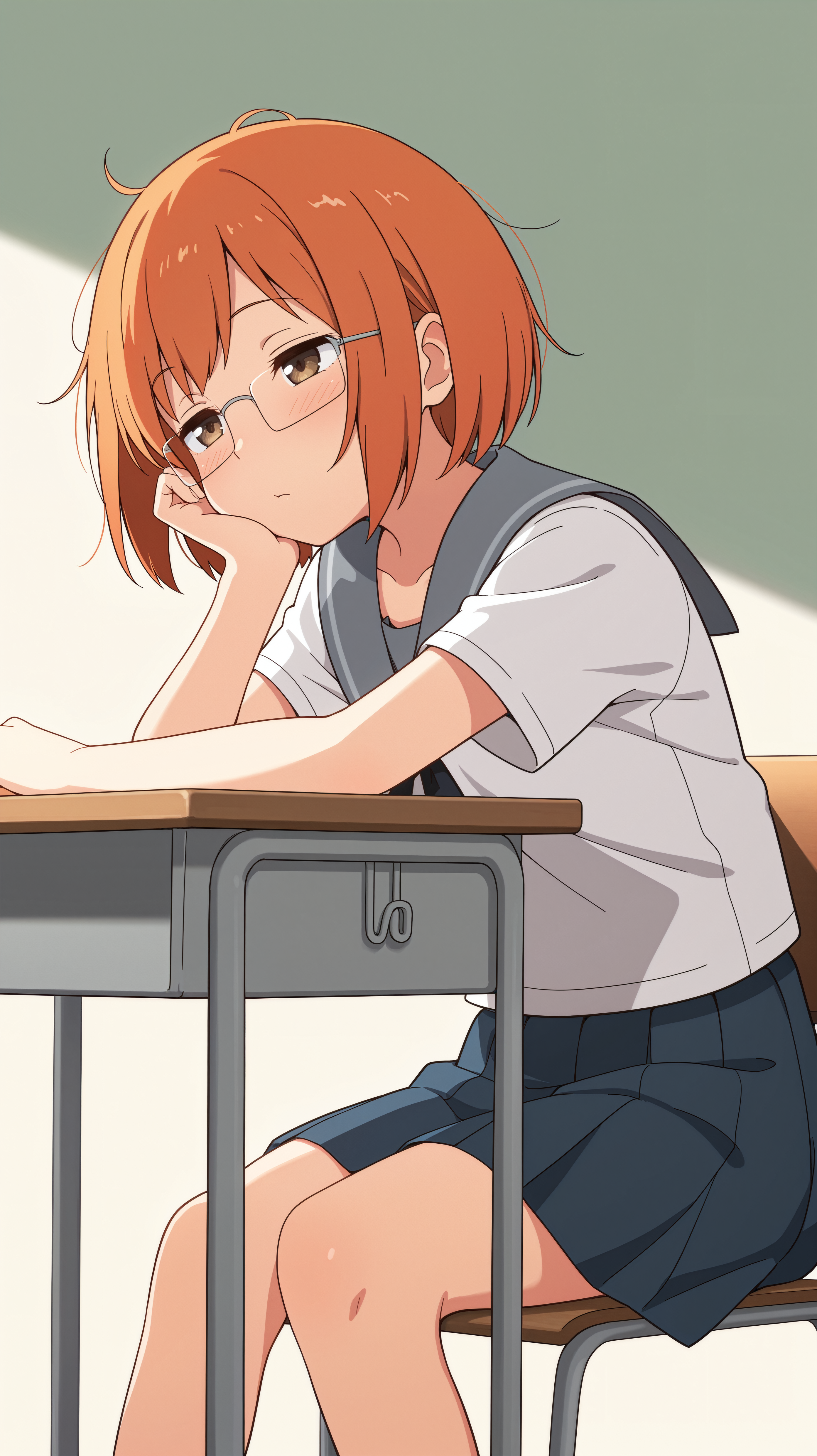 masterpiece, best quality, amazing quality, girl, <lora:Chio Miyano - Illu:0.8>, short hair, orange hair, brown eyes, glasses, school uniform, grey collar, black ribbon, blue skirt, classroom, simple, simple background, sitting, doze off, sleepy, head rest, solo, elbow on table,