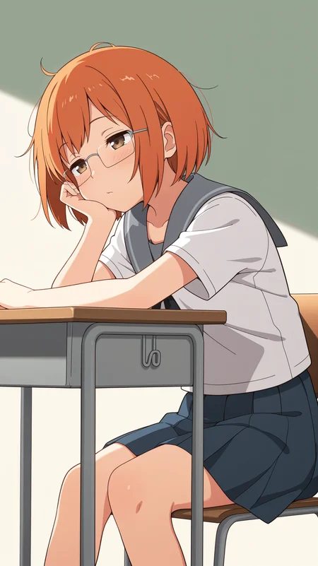 masterpiece, best quality, amazing quality, girl, <lora:Chio Miyano - Illu:0.8>, short hair, orange hair, brown eyes, glasses, school uniform, grey collar, black ribbon, blue skirt, classroom, simple, simple background, sitting, doze off, sleepy, head rest, solo, elbow on table,