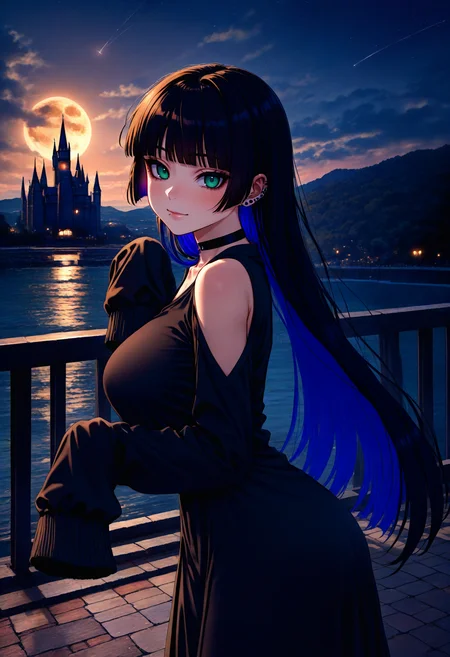 masterpiece, best quality, 1girl, pa-san, green eyes, blue colored inner hair, large breasts, ear piercing, chin piercing, hime cut, choker, black dress, long dress, shoulder cutout, sleeves past fingers, cloud, moon, full moon, hogwarts, castle hill, night sky, street, shooting star, looking at viewer, blush, light smile, closed mouth, strong pose, (mature female:0.65), <lora:ChamIllustriousBackgroundEnhancer:1>