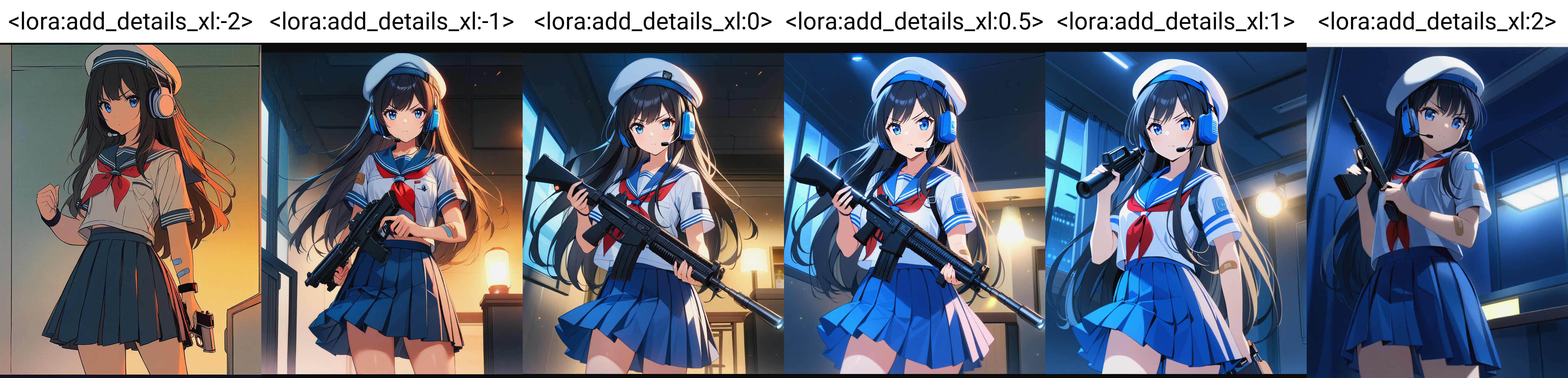 1girl,bandaid,bandaid_on_arm,beret,black_hair,blue_eyes,blue_sailor_collar,blue_skirt,closed_mouth,ear_protection,flashlight,gun,hat,headset,holding,holding_gun,holding_weapon,indoors,letterboxed,long_hair,neckerchief,night,pleated_skirt,red_neckerchief,sailor_collar,school_uniform,serafuku,shirt,short_sleeves,skirt,solo,v-shaped_eyebrows,very_long_hair,weapon,white_hat,white_shirt,window,<lora:add_details_xl:-2>,