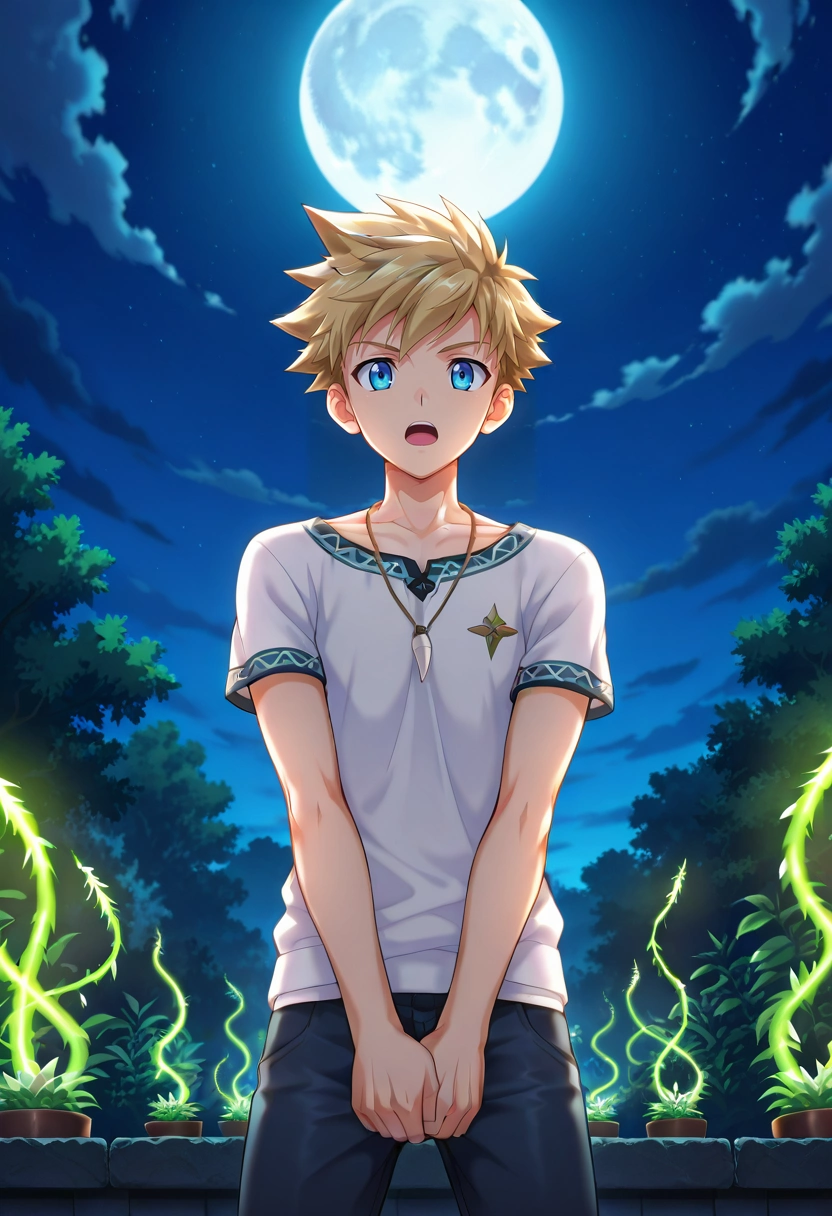 masterpiece, best quality, intricate details, anime screencap, , official style, looking at viewer, , 1boy, solo, male focus, <lora:connor_bleufin_ilxl:0.96>, connor_bleufin, blonde hair, blue eyes, short hair, spiked hair, , necklace, wide angle, wide shot, cowboy shot, energy plant, night, full moon, v arms, speaking, talking,