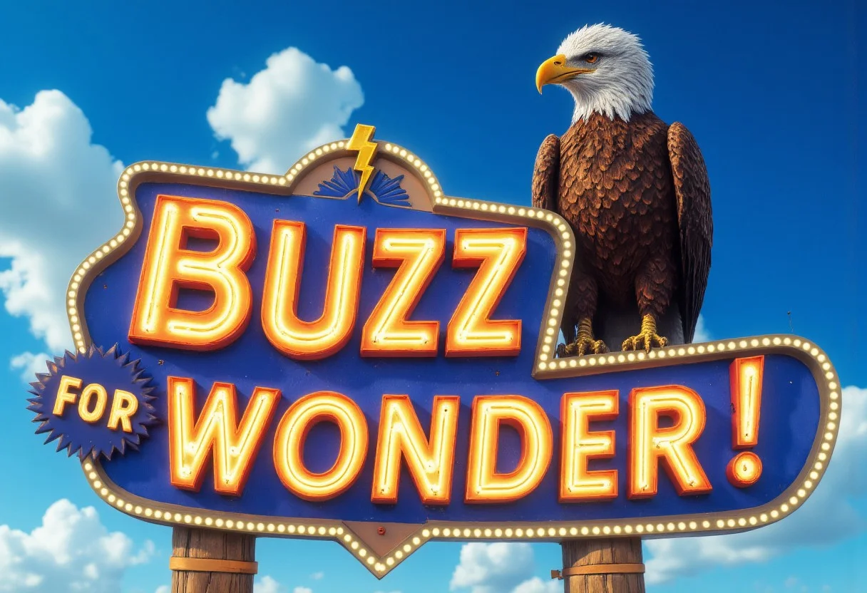 A hyperrealistic rendering of a majestic bald eagle perched atop a large, brightly lit, vintage-style roadside sign. The sign features a bold, curved shape with rounded edges, reminiscent of classic mid-century designs. The lettering is large and eye-catching, illuminated with vibrant neon lights, and the sign is topped with a large, starburst-like element. The text on the sign reads "Buzz for Wonder!", with the yellow and blue thunderbolt symbol integrated into the illuminated lettering, appearing as if it's part of the original design. The bald eagle has realistic dark brown eyes, with intricate details in its feathers, and it's looking towards the horizon with a sense of watchful awareness. The background is a bright, clear blue sky with a few scattered clouds. Ultra-high definition, wide-angle lens, and a focus on the detailed textures of the eagle and the sign, along with the vibrant glow of the neon lights, and a direct, integrated "buzz" request.