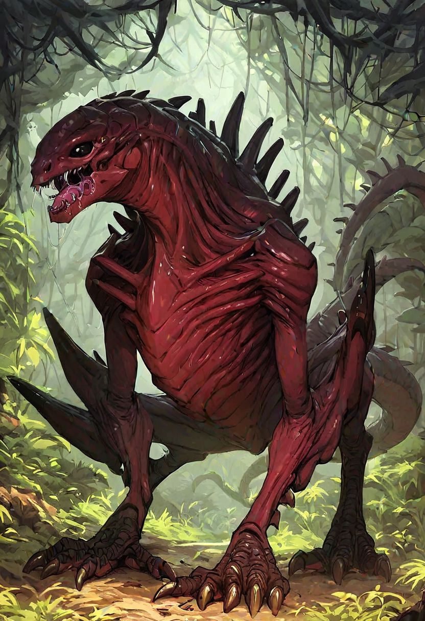score_9, score_8_up, score_7_up, Expressiveh, oil painting, 1boy, solo, Alien, monstrous, huge black eyes, sharp fangs, claws, talons, spiky exoskeleton, huge black spikes, red skin, two toned skin, two toned exoskeleton, overflowing green saliva, huge lizard tail, exposed ribs, savage, nightmare theme, lush forest, tall trees, jungle, running on all fours, motion lines:1.0