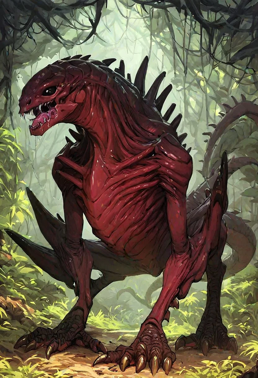 score_9, score_8_up, score_7_up, Expressiveh, oil painting, 1boy, solo, Alien, monstrous, huge black eyes, sharp fangs, claws, talons, spiky exoskeleton, huge black spikes, red skin, two toned skin, two toned exoskeleton, overflowing green saliva, huge lizard tail, exposed ribs, savage, nightmare theme, lush forest, tall trees, jungle, running on all fours, motion lines:1.0