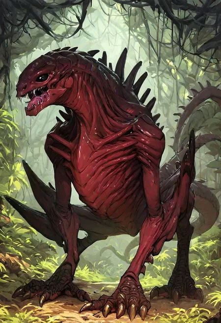 score_9, score_8_up, score_7_up, Expressiveh, oil painting, 1boy, solo, Alien, monstrous, huge black eyes, sharp fangs, claws, talons, spiky exoskeleton, huge black spikes, red skin, two toned skin, two toned exoskeleton, overflowing green saliva, huge lizard tail, exposed ribs, savage, nightmare theme, lush forest, tall trees, jungle, running on all fours, motion lines:1.0