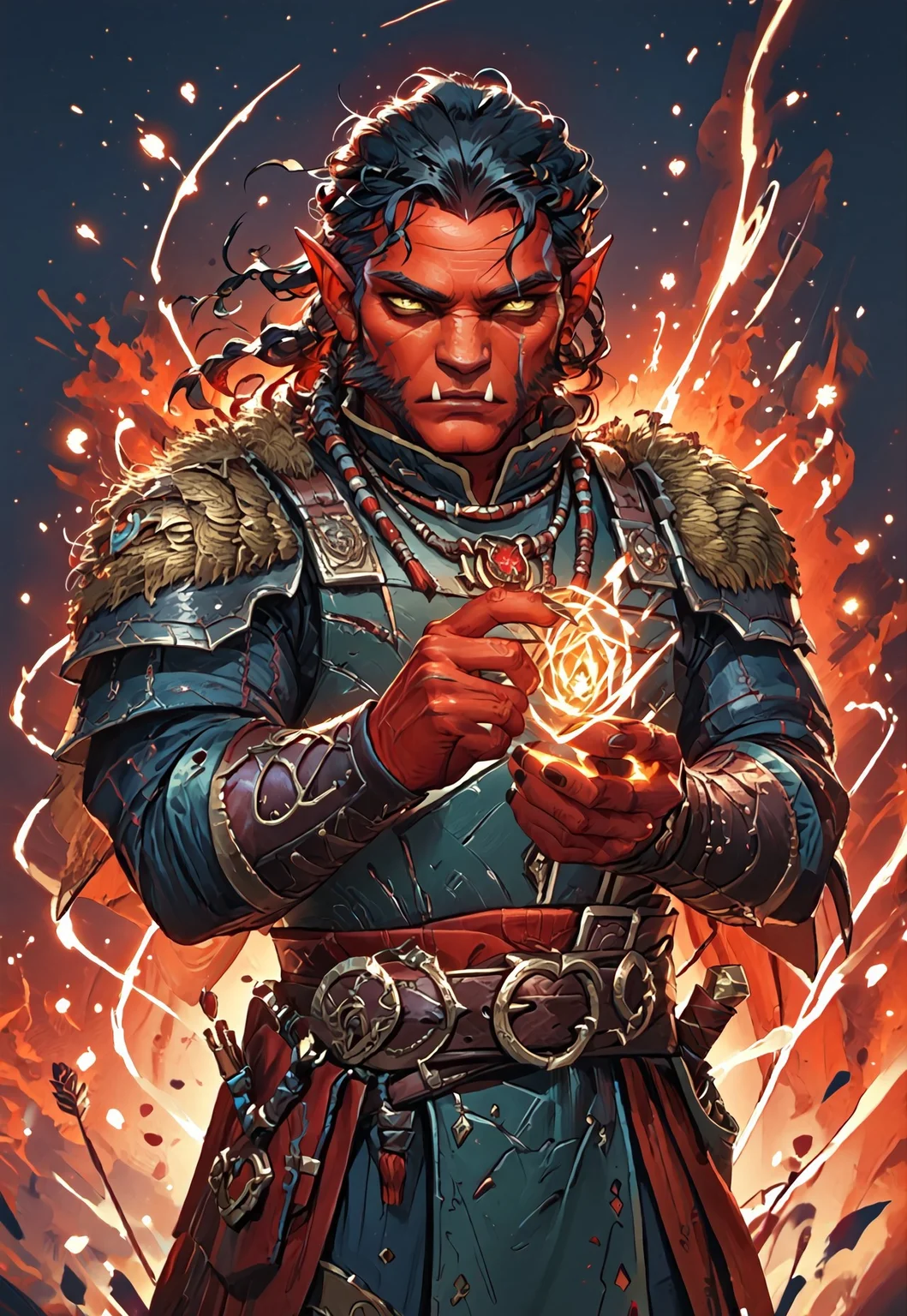 ((zPDXL3)), ((masterpiece,best quality, highly detailed)), ((score_9)), score_8_up, score_7_up, score_6_up, score_5_up, score_4_up, Digital painting style, brushstrokes, ((EnhanceImage)), solo, 1boy, Hobgoblin, red skin, yellow eyes, fangs, big nose, mutton chops, black hair, armor, pauldrons, belt, necklace, muscular,
Expressiveh, 30yo,
chinese magical sorceress, animated, swirling magic, wisps of magic, magical accessories, evoking motion, conveying motion, dynamic splash art, ((handfixer)), four fingers, one thumb,
<lora:PainterlyFantasiaPDXL:0.6>,