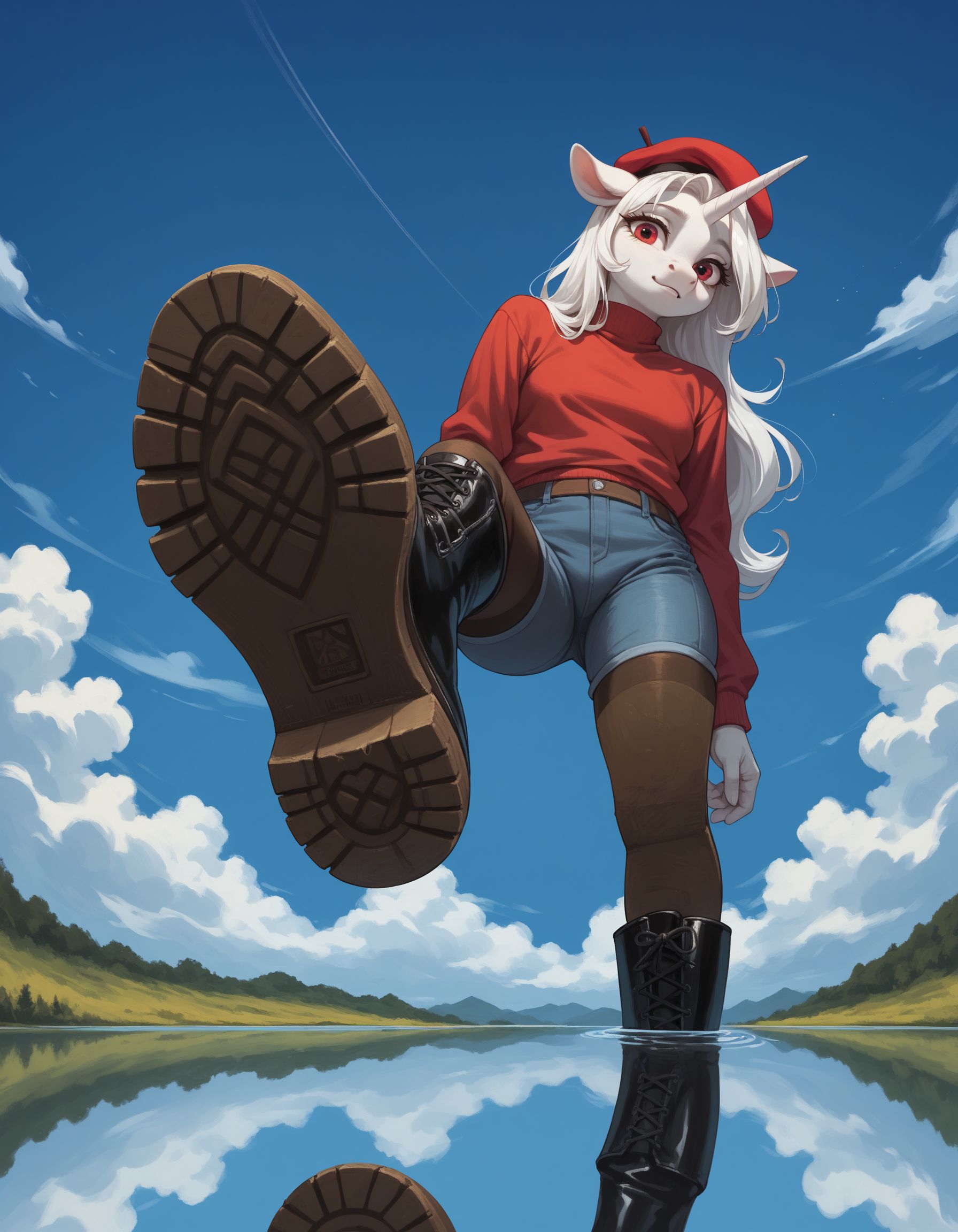 score_9, score_8_up, score_7_up, score_6_up, score_5_up, score_4_up, 1girl, furry, anthro, illustrative, (unicorn  wearing  beret), with a lake reflection in the background,, hud_v4nspose, boots, shoe soles, from below, sky, cloud, outdoors, perspective, <lora:vans:0.6> ,