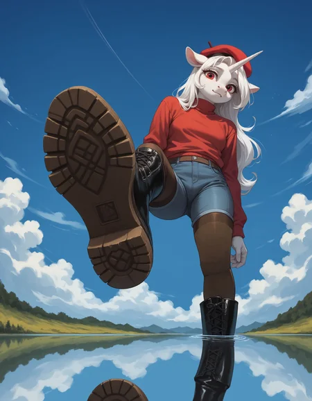 score_9, score_8_up, score_7_up, score_6_up, score_5_up, score_4_up, 1girl, furry, anthro, illustrative, (unicorn wearing beret), with a lake reflection in the background,, hud_v4nspose, boots, shoe soles, from below, sky, cloud, outdoors, perspective, <lora:vans:0.6> ,