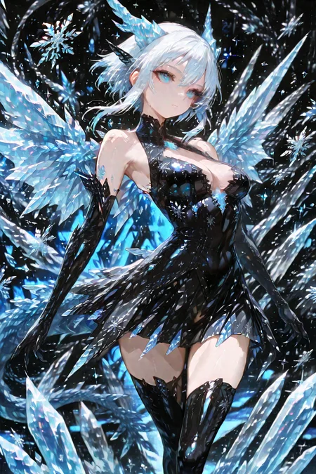 novuschroma47 style, USNR, 1girl, contrapposto, black dress, latex, ice wings, glowing snow, sparkle, crystal dragon girl, elbow gloves, high-waist skirt, Ice scales, black claws, thigh boots, thighs, zettai ryouiki, cinematic shadows, depth of field, [(fractal background:1.2)::0.2], (snowflake background:1.2), (masterpiece, best quality), amazing quality, very aesthetic, absurdres, highres, newest, HDR, 8K, high detail RAW color art, intricate details, high contrast, detailed background, beautiful detailed, beautiful face, blight face, large pupil, eyelashes, brilliant skin, shiny skin, perfect hand, <lora:novuschroma47 style:1> <lora:Futtora_crystal_dragon_girl241110747:1> <lora:ponyv4_noob1_2_adamW:1.0> <lora:USNR STYLE_XL_loha:1>