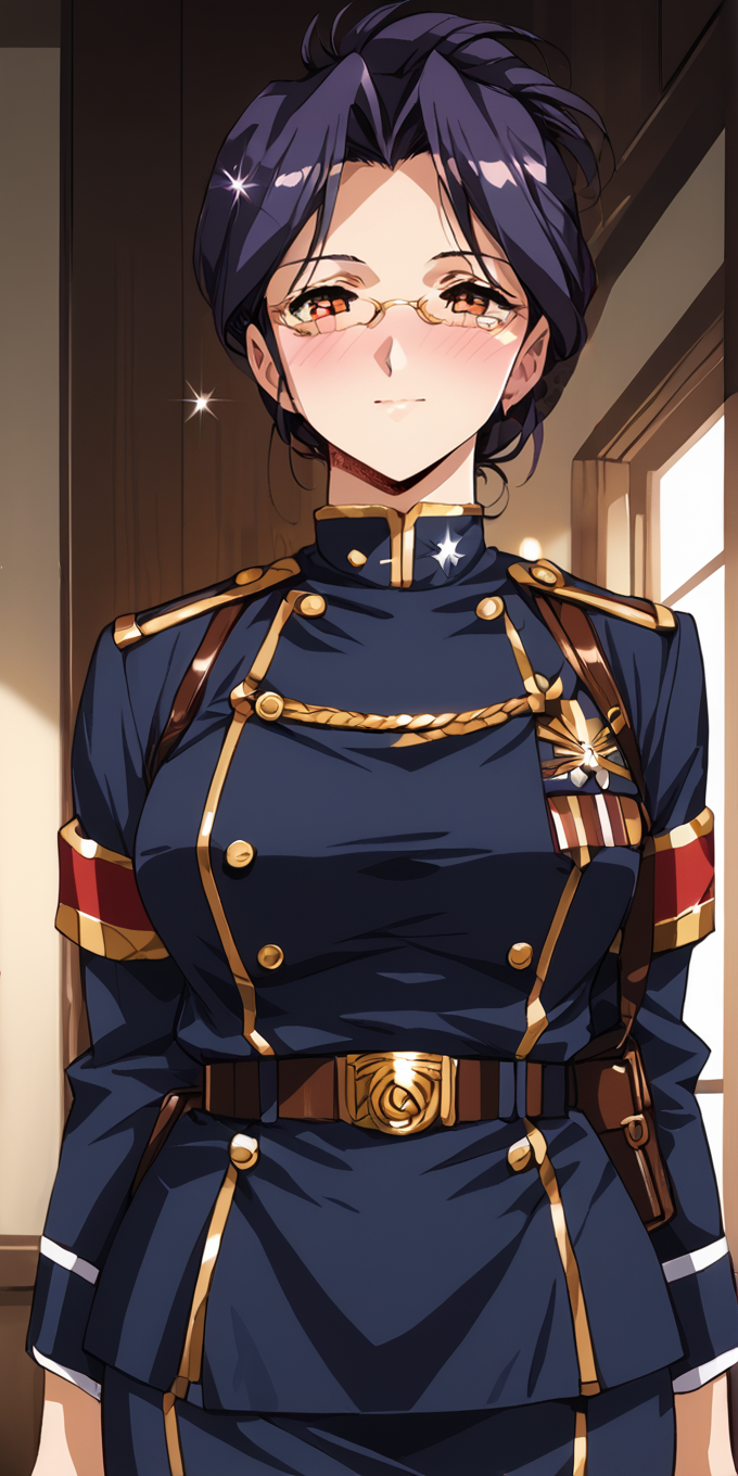 1girl, absurdres, uncensored, (sparkle:1.5)
score_9, score_8_up, score_7_up, score_6_up, source_anime, zPDXL3,
(mature female), cowboy shot,
BREAK.
indoors, seductive smile, smile,
BREAK
BREAK
 Ridget, glasses, uniform, folded ponytail, purple eyes, purple hair, military, military uniform, belt, <lora:Urushihara Satoshi_XL_PONY_V2:0.9>,<lora:GargantiaontheVerdurousPlanet:0.8>