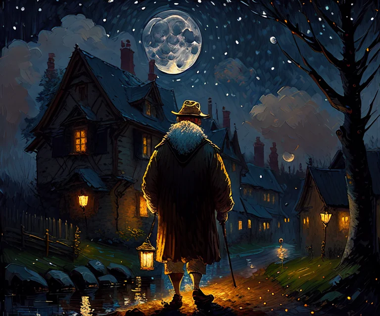 impressionist speed painting of a pensive man illuminated by the moonlight, dark