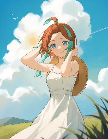 mimulishizi,blurry,sundress,straw hat,wind,grass,sun,cloud,smile,looking at viewer,
<lora:andi_noob:0.8>,andi,1girl,solo,multicolored hair,streaked hair,aqua hair,two-tone hair,sidelocks,brown hair,short hair,blue eyes,topknot,
masterpiece,best quality,very aesthetic,absurdres,adjusting hair,