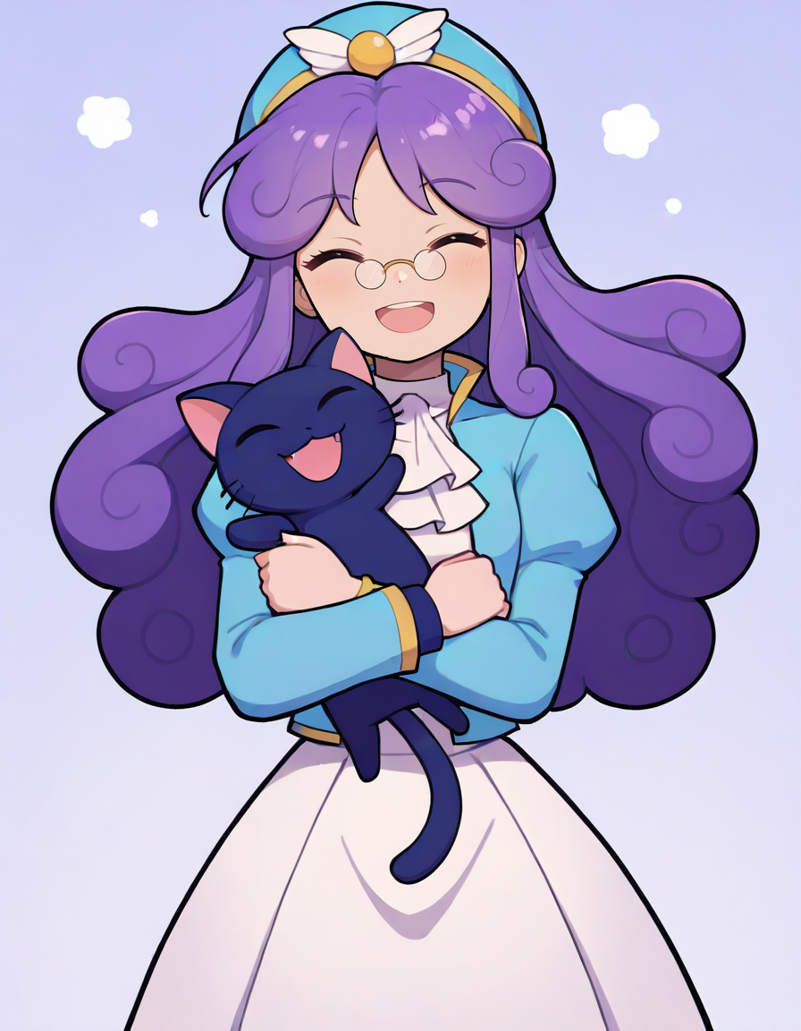 <lora:PAccord_SDXL_Illustrious11_fp16_ver01:1>,PAccord, 1girl,long hair, purple hair,curly hair,pince-nez,closed eyes,blue headwear,blue jacket,white dress,ascot, cowboy shot,cat,hugging cat,smile,open mouth,, masterpiece, best quality, very aesthetic, absurdres,<lora:detailed_hands:1>,hand