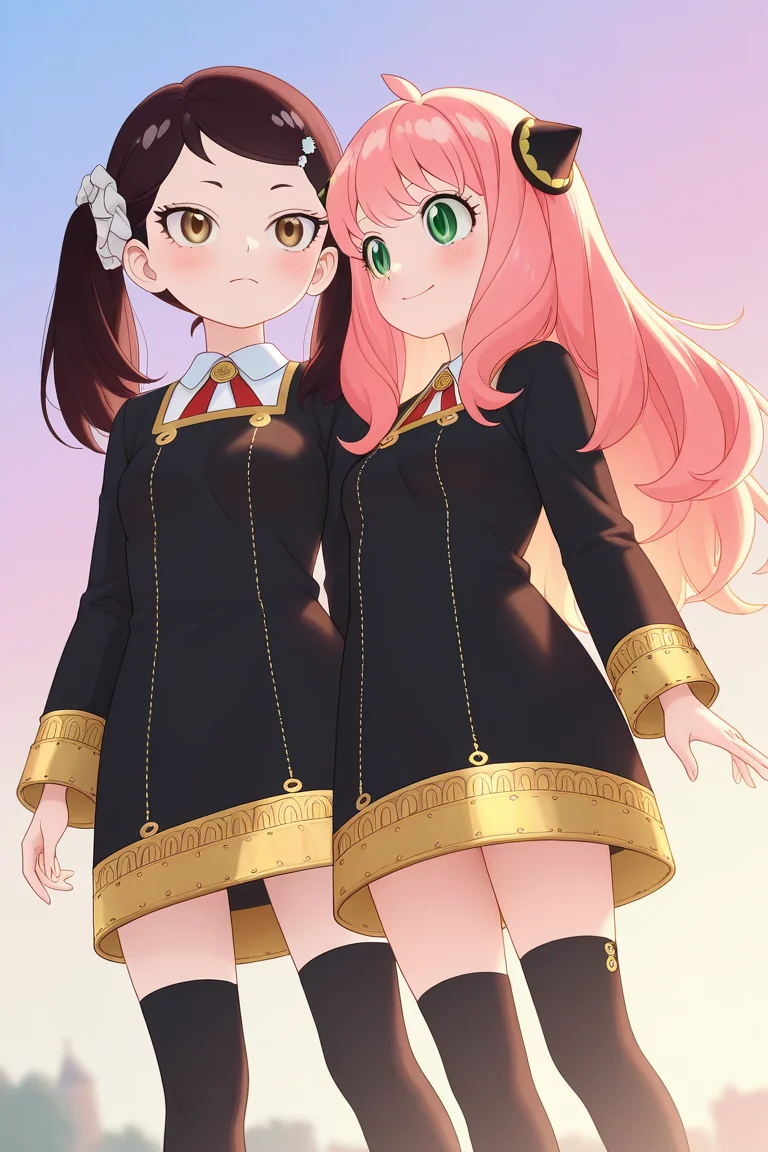 2girls,Spy x family (/Becky blackbell/),long hair, very long hair, left side ponytail, side ponytail over left shoulder, soft flowing hair, detailed hair strands, hair colored,hair
Long,Hair Long In Left Side Ponytail,bang medium,medium Breasts,Medium Human,Bows,Thigh Socks White,Medium Human,
black dress with gold trim and white collar,
Spy x family (/Anya/),hair pink,hair long,Ahope Long,Ahope pink,eyes green,eyes pupil,ponytail,bang pink,horn-shaped hair ornaments,Hair PonyTails,PonyTail Bows,
Medium human,medium breasts,Bow White,Thigh Socks White,
black dress with gold trim and white collar,medium leg, front bangs, twin ponytails, long hair tied in two ponytails, soft smile, big expressive eyes, detailed anime style, clean lineart, pastel colors, soft lighting, high detail,
Day,sky,bloom