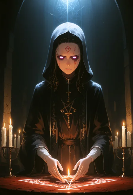score_9, score_8_up, score_7_up, T
Inside a shadowy, candle-lit chamber deep within a crumbling temple, a Sabbatic Goat Priest presides over a dark altar. His humanoid form is cloaked in a robe that seems to absorb the light, and his glowing eyes cast an unholy radiance across the room. The upside-down pentagram on his goat head forehead pulsates with malevolent energy. The altar is covered with dark symbols and bloodstains, and around it, twisted relics and offerings are scattered. The atmosphere is thick with dread and the scent of incense and blood, while high-contrast colors and intricate details emphasize the ritualistic horror of the scene
, the scene is captured in dimly lit dark fantasy but vibrant colors, with bold ink lines defining form against the watercolor wash of the aged paper
in the style of 80s dark fantasy