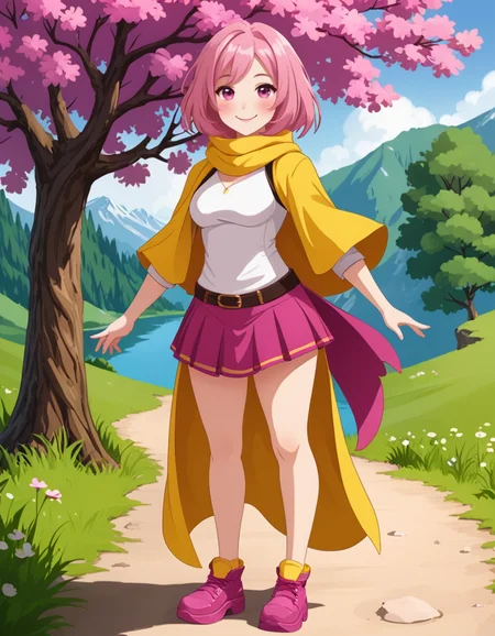OneStepFromEdenStyle, 1girl, wide_hips, blush}, solo, outdoors, [yellow] scarf, [Magenta] eyes, [pink] hair, smile, full_body, high_fantasy, yellow footwear
 <lora:OneStepFromEdenStyle_Illustrious:1>