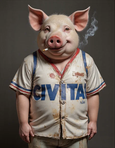 Rembrandt style <lora:funnys:1>, This is an ultra-realistic, highly detailed portrait of a pig rendered with meticulous attention to texture, lighting, and natural imperfections. The pig stands confidently against a smooth gradient grey background that transitions from a deep charcoal at the bottom to a soft silvery hue near the top, creating a neutral yet dynamic setting that highlights every intricate detail of the subject., 
The pigâs body is round and robust, covered in a short, bristly coat of fur that captures the essence of its rough lifestyle. Each strand of hair is individually visible under the soft, diffused lighting, with subtle variations in color ranging from pale pink to deeper shades of dusty rose and faint hints of beige along the edges where light catches the coarse hairs. The skin beneath the fur has a textured surface, showcasing fine wrinkles, tiny pores, and patches of uneven pigmentation that add an authentic tactile quality to its appearance. Around the snout, the skin is slightly tougher and more leathery, with prominent folds and creases that emphasize the animal's expressive nature., 
Its face features sharp, lifelike details: reddish-hued eyes gleam faintly as if reflecting some distant source of light, their wet surfaces catching highlights that make them appear almost alive. A mischievous smirk plays across its lips, which are slightly parted to reveal a glimpse of small, worn teeth. The nostrils flare subtly, one holding a cigarette precariously between its ridges. Thin wisps of smoke spiral upward lazily, curling into delicate tendrils before dissipating into the air. These ethereal trails of smoke catch the light beautifully, adding movement and depth to the otherwise still composition., 
The pig wears a dirty, well-worn white shirt with blue and red striped accents on the shoulders and a bold red collar. The fabric is frayed at the edges, stained with smudges of dirt and grease, suggesting years of hard use or manual labor. Faint sweat marks stain the armpits, while faint rips and loose threads give the garment a gritty, lived-in feel. Emblazoned across the chest in large, bold blue letters is the word "CIVITAI rules, " partially faded but still legible, further emphasizing the rugged aesthetic of the scene., 
Lighting plays a crucial role in this piece, with soft, even illumination casting gentle shadows that accentuate the pig's three-dimensional form. Subtle highlights run along the ridges of its ears, the tip of its snout, and the raised fibers of its fur, while deeper shadows pool within the folds of its skin and the creases of its clothing. This interplay of light and shadow creates a masterfully realistic rendering, drawing the viewerâs eye to the intricate textures and imperfections that define the pig's character., 
Every element of this portraitâfrom the carefully crafted texture of the pig's bristly coat to the delicate trails of smokeâhas been meticulously designed using advanced CGI techniques combined with photorealistic textures. The result is an unparalleled level of realism that blurs the line between digital art and photography, inviting viewers to linger over the smallest details and marvel at the lifelike portrayal of this unconventional yet compelling subject. . Baroque, chiaroscuro, realistic, emotional, "flat lighting