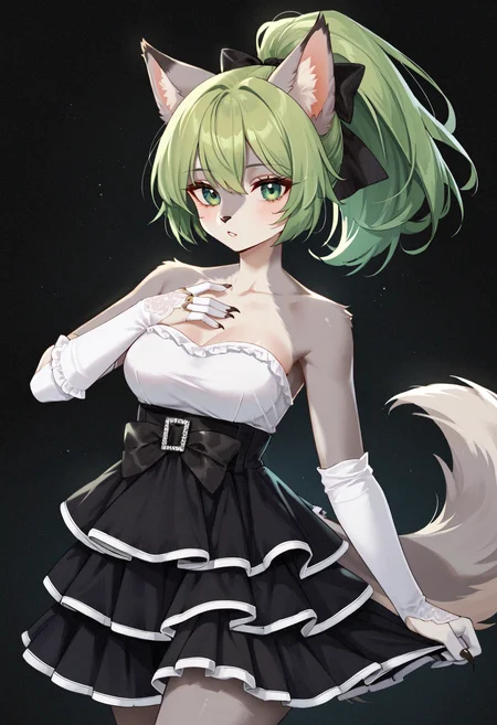 score_9,score_8_up,score_7_up,score_6_up,masterpiece,best quality,amazing quality,very aesthetic,high resolution,ultra-detailed,absurdres,dark background,1girl,furry,afg,anthro,she-wolf,fluffy ears,spiked_hair,high_ponytail,grey fur,claws,medium breasts,looking_at_viewer,green hair,green eyes,high-waist skirt,frilled skirt,pleated skirt,white trim,black skirt,bare shoulders,white top,strapless dress,detached sleeves,elbow gloves,white gloves,black bow,<lora:MyTrainings\Temp\White_Top_Black_Frilled_Skirt_Pony_Pony_ARZUMATA\White_Top_Black_Frilled_Skirt_Pony_Pony_ARZUMATA.safetensors:0.6>