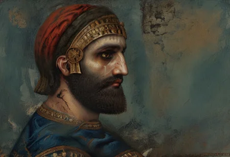 In his mind, reverential fear of Marduk, king of the gods, came to an end. 
He did yet more evil to his city every day; … his [people…], he brought ruin on them all by a yoke without relief. 
Enlil-of-the-gods became extremely angry at their complaints, and […] their territory. 
The gods who lived within them left their shrines, angry that he had made them enter into Babylon (Shuanna). 
Ex[alted Marduk, Enlil-of-the-Go]ds, relented. 
style of Qajar art, FastNegativeV2, green eyes, blue eyes, brown eyes, perfecteyes