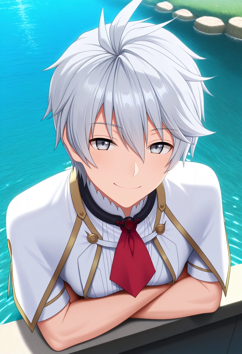 masterpiece, best quality, , (photorealistic:0.6),, 1boy, solo, male focus, <lora:lux_arcadia_ilxl:0.92>, lux_arcadia, grey hair, grey eyes, short hair, hair between eyes, school uniform, red ribbon, capelet, from above, river, midnight, breast rest, naughty smile,