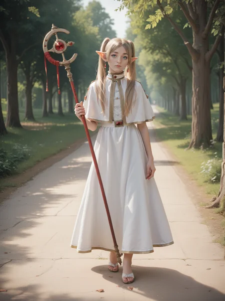 score_9, score_8_up, score_7_up, score_6_up, score_5_up, score_4_up, realistic, photograph,
1girl frieren, <lora:frieren-PD-1.0:1>,
holding staff, full body, white dress, capelet, tree, dirt path, expressionless, head tilt
